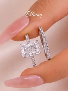 Effinny Non-tarnish Lab Created Moissanite 3.5ct 14K Gold Plated Radiant Cut Wedding Ring Set, Elegance CZ Popular Promise Jewelry for Women