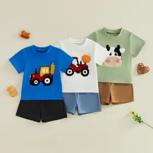 Babamoon Toddler Baby Boy Summer Outfits Set Tractor/Cow Embroidery Short Sleeve T Shirt Solid Color Shorts 2 pcs Clothing Set 6M-4Y