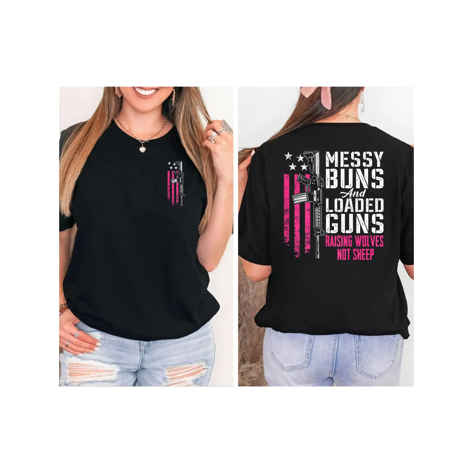 Messy Buns And Loaded Guns Raising Wolves Not Sheep Patriotic T-Shirt for Women - American Flag Design with Gun Graphic, Perfect Gift for Family, Friends, Or Team Building Events,shirts women