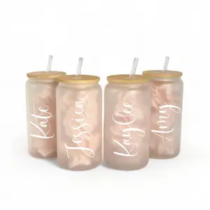 Custom Frosted Glass Tumblers with Bamboo Lid and Plastic Reusable Straw Personalized Bridesmaid Tumblers Bridesmaid Proposal Gift