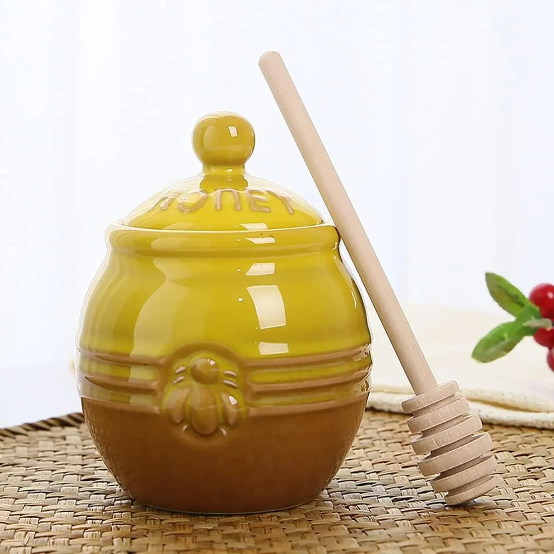 12oz Ceramic Honey Jar with Wooden Dipper Stick-Honey Pot with Dipper, Yellow Honey Dispenser, Farmhouse Kitchen  Bee Decor, Porcelain Honey Jar Easy to Clean for Mother's Day Wife