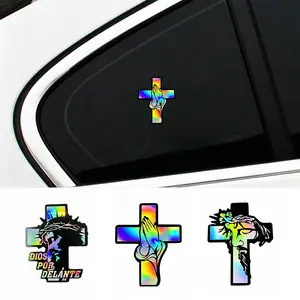 Laser Multi-Color Jesus Cross Prayer Hand Cross Car Stickers Holographic Reflective Christian Faith Personalized Decorative Water-Resistant Sun-Proof
