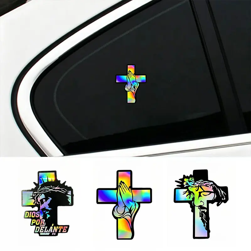 Laser Multi-Color Jesus Cross Prayer Hand Cross Car Stickers Holographic Reflective Christian Faith Personalized Decorative Water-Resistant Sun-Proof