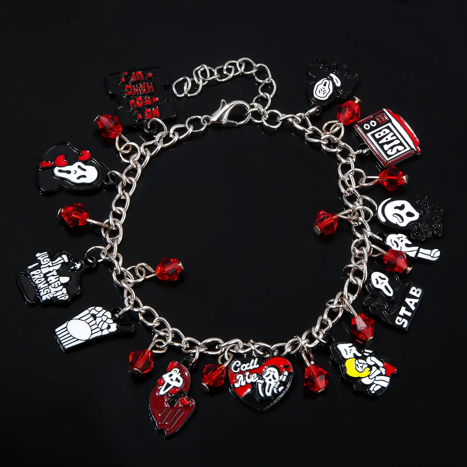 September Laurel  Halloween Multi-Charm Bracelet, Gothic Horror Red and Black Beaded Dangle Bracelet, Spooky Ghost Multi-Charm Silver-Tone Chain Bracelet, Halloween Party Costume Jewelry Gift