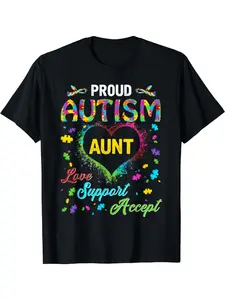 Men's Autism Awareness T-Shirt - Soft Stretchy Relaxed Fit with Puzzle Piece & Rainbow "Autism Aunt" Design, Black & Colorful Support Shirt for Casual Wear, Charity Events & ASD Community (Machine Washable)