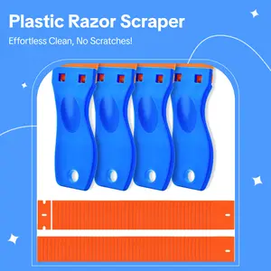 4 Pcs Plastic Razor Blade Scraper and 120 Pcs Blades, Remove Label Decal Tool,Forwithout Scratches Plastic Razor Blade Scraper, Adhesive Remover for Kitchen Appliances,Stickers and Paints on Window