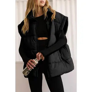 Black Solid Zipper Stand Neck Oversized Puffer Vest