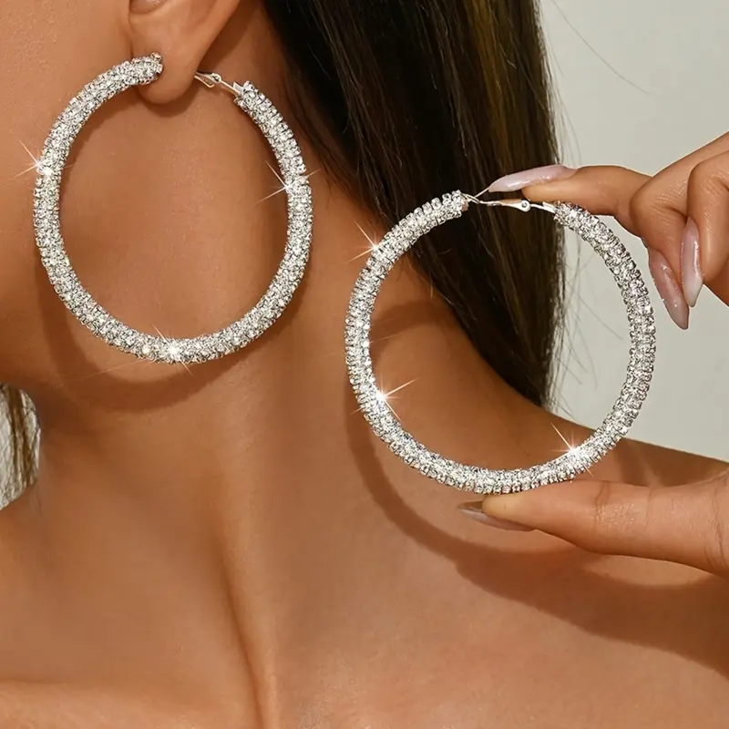 Exaggerated Rhinestone Hoop Earrings, Ear Hoops, Large Circle Design, Chain Print, Elegant Ear Decor, All Seasons Jewelry, Bridesmaid Jewelry, Sparkling Ear Jewelry