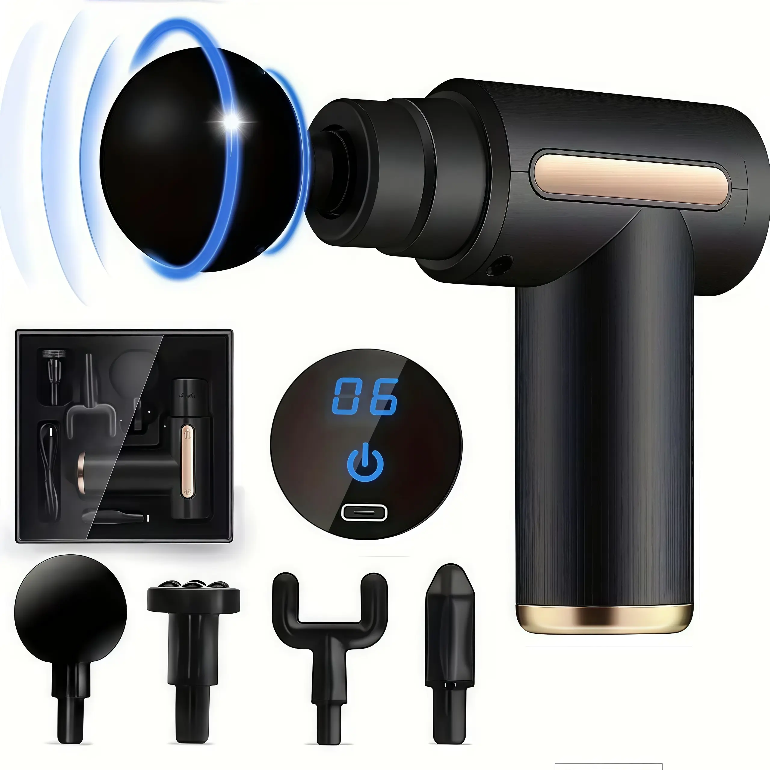 Youth Black Portable Mini Massage Gun - USB Rechargeable Handheld Electric Fascia Massager, 4 Replaceable Heads, Full Body Use, Fragrance-Free Back Massager Gift for Boyfriend