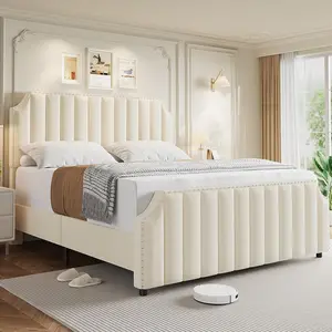 【Christmas Gift】Queen Size Platform Bed Frame  Upholstered Bed Frame with Headboard and Footboard  Strong Wooden Slats Support  No Box Spring Required Queen Size Bed Frame  Beige