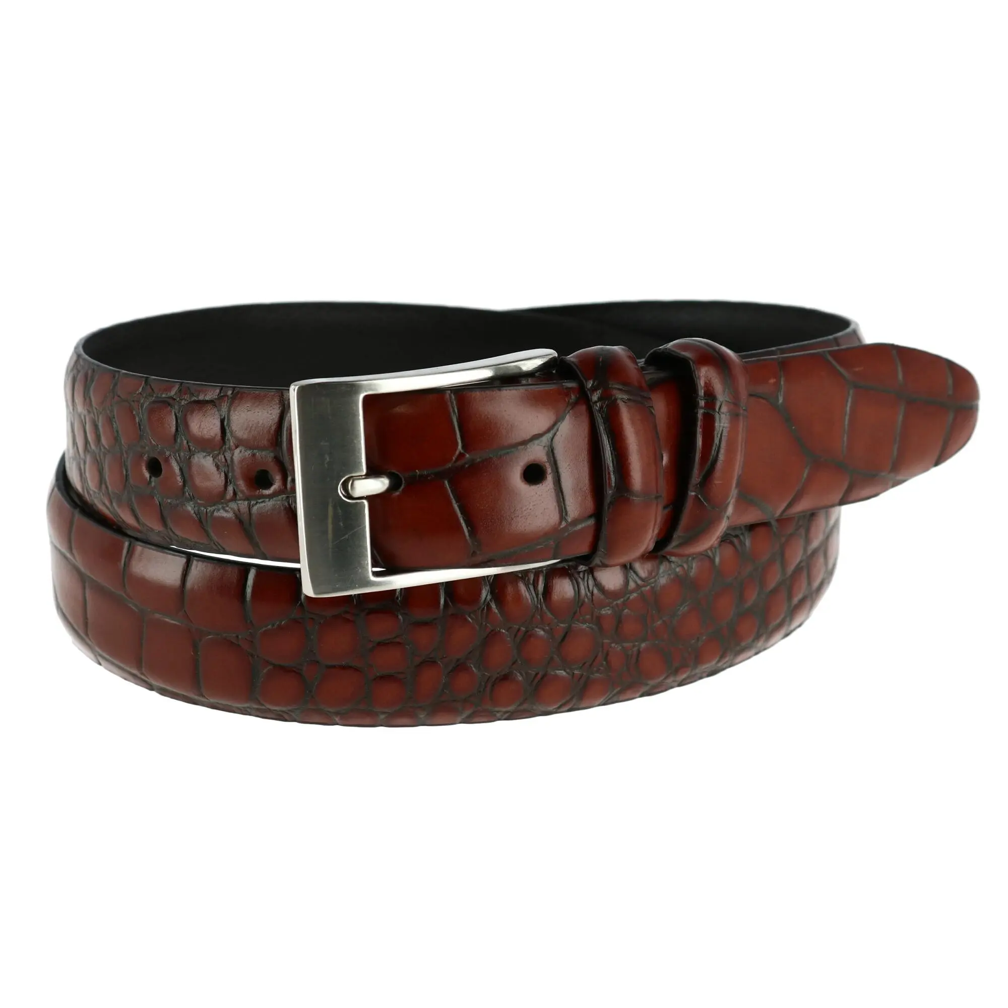 CTM Men's Embossed Croc Print Leather Belt, 1.25 Inch Wide Classic Fashion Belt with Double Keepers and Brushed Silver Buckle, Leather Belts