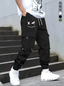 Men's Cartoon Face & Letter Print Cargo Pants, Regular Fit Casual Slant Pocket Drawstring Trousers, Fashion Men's Bottoms for Daily Wear