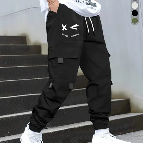 Men's Cartoon Face & Letter Print Cargo Pants, Regular Fit Casual Slant Pocket Drawstring Trousers, Casual Streetwear Pants, Fashion Men's Bottoms for Daily Wear, Casual Street Style