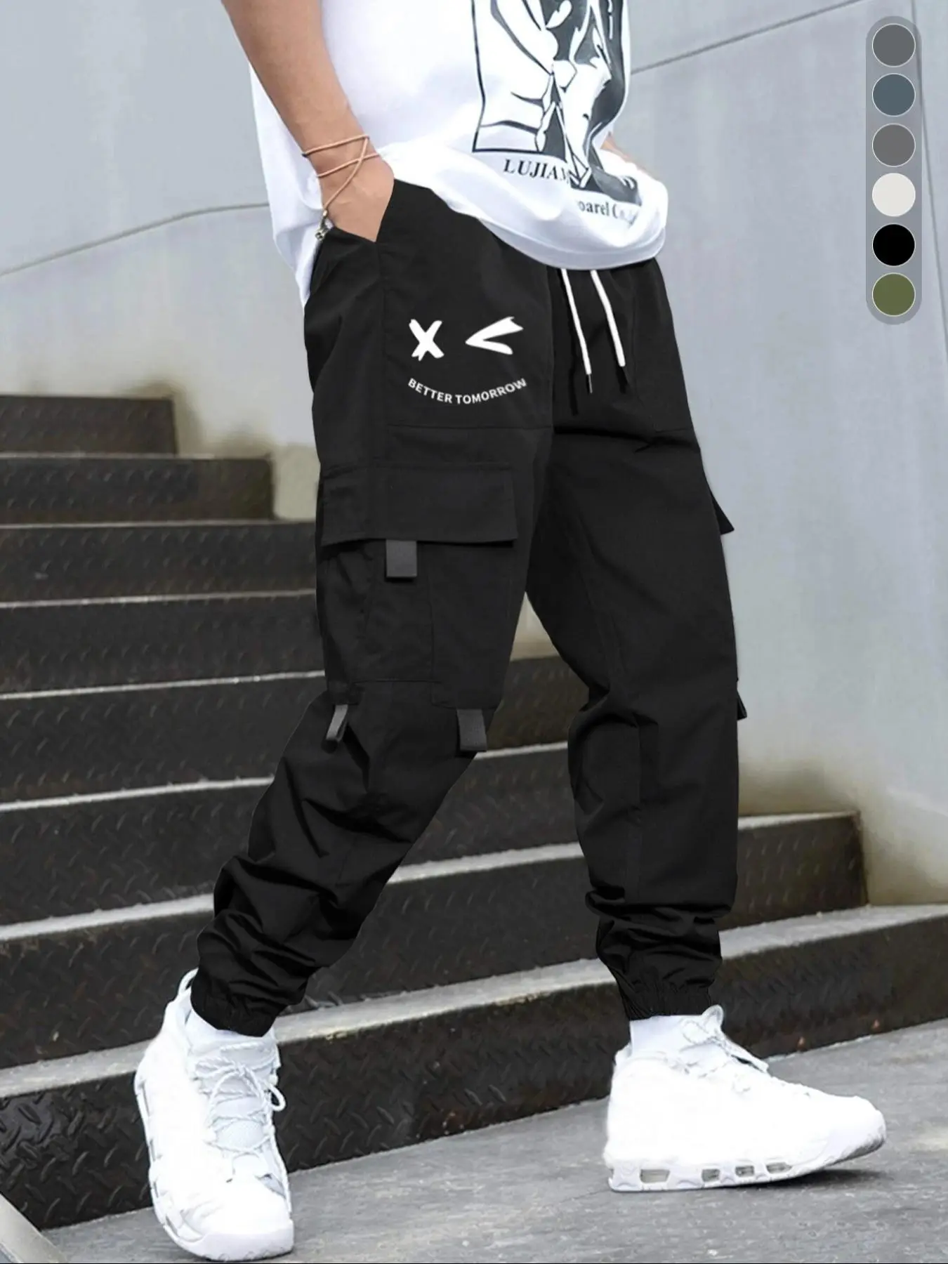 Men's Cartoon Face & Letter Print Cargo Pants, Regular Fit Casual Pocket Drawstring Trousers, Fashion Men's Bottoms for Daily Wear