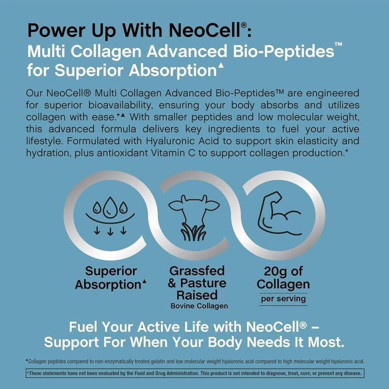 NeoCell Multi Collagen Advanced Bio-Peptides Powder 20oz Grassfed Protein Supplement with 18 Essential Amino Acids for Superior Absorption & Healthy Skin Joints