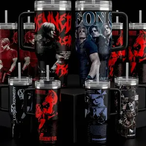 Hot Leon.S Kennedy 40oz Tumbler (Theme box not included), Leon S.Kennedy Resident E Inspired Steel Tumbler,  Gift For Gaming Lovers Tumbler with Handle, Black Water Bottle