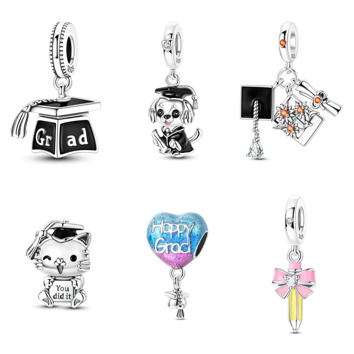 MULA 925 Sterling Silver Graduation Pendant – Graduation cap, diploma, cute puppy and kitten, pencil-shaped pendant, congratulatory gift for graduates, compatible with Pandora bracelets and necklaces.