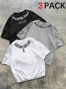 Men's High-Value 3-Pack Round Neck T-Shirts, Vintage Gothic Slogan Print, Breathable Casual Top, Daily Wear & Street Style