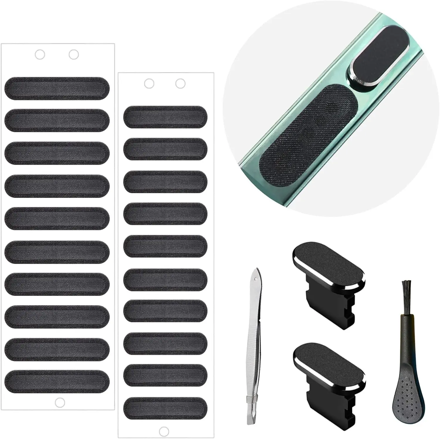 Phone Speaker Dustproof Stickers Protector, Anti Dust Adhesive Cover | Included Anti Dust Plug, Phone Port Cleaning Brush and Tweezer Compatible with iPhone 14, 13, 12 Pro Max, 11 (Black)