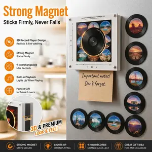 Mini Record Player Fridge Magnet with 9 CDs & 27 Songs | Magnetic Music Player, Interchangeable Vinyl Discs, Perfect Gift for Music Lovers
