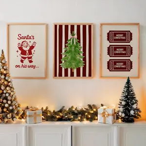 Retro Christmas Wall Art Set of 3 Prints,  Vintage Christmas Decor, Santa Tree Ticket  Posters