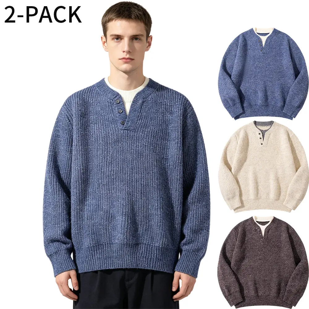 （2-pack）Men’s classic loose-fit long-sleeve knit sweater – soft crew neck, polyester fabric, distressed tassel design, American street fashion menswear, suitable for everyday outdoor wear