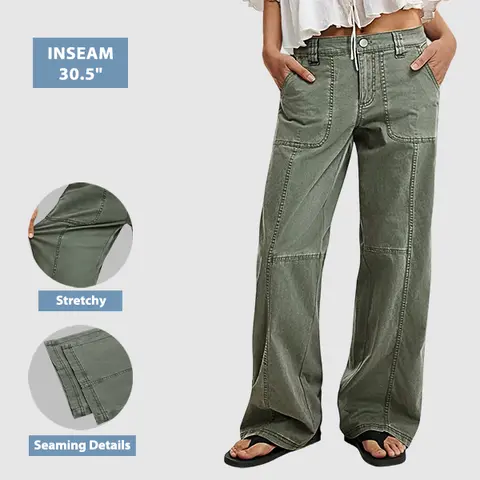 Flamingals Solid Seam Front Mid Rise Wide Leg Pants Womenswear Stretchy 30.5" Inseam