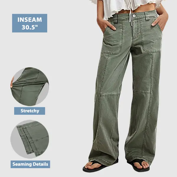 Flamingals Solid Seam Front Mid Rise Wide Leg Pants Womenswear Stretchy 30.5" Inseam