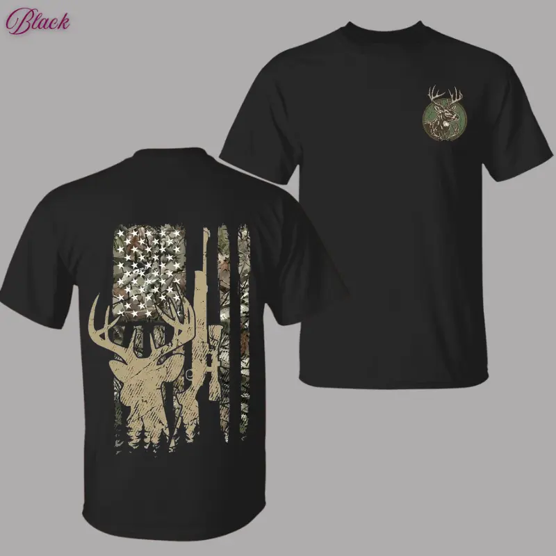 Men's Hunting Graphic T-Shirt, Classic Fit Cotton Top with American Flag Deer Camo Print, Shortsleeve Ribbed Collar, Hunter, Clothes, Graphic T Shirts, Camo Graphics