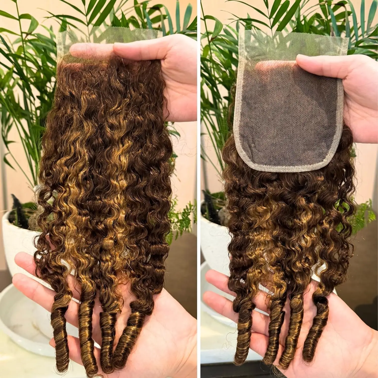 ALHER P4/27 Burmese Curly 4x4 Closure Human Hair, 100% Raw Hair Highlight 15A 13x4 Transparent HD Lace Frontal Ear to Ear Baby Hair 3c4a Water Wave with Spiral Curly End 180% Density 10-16 Inch Optional