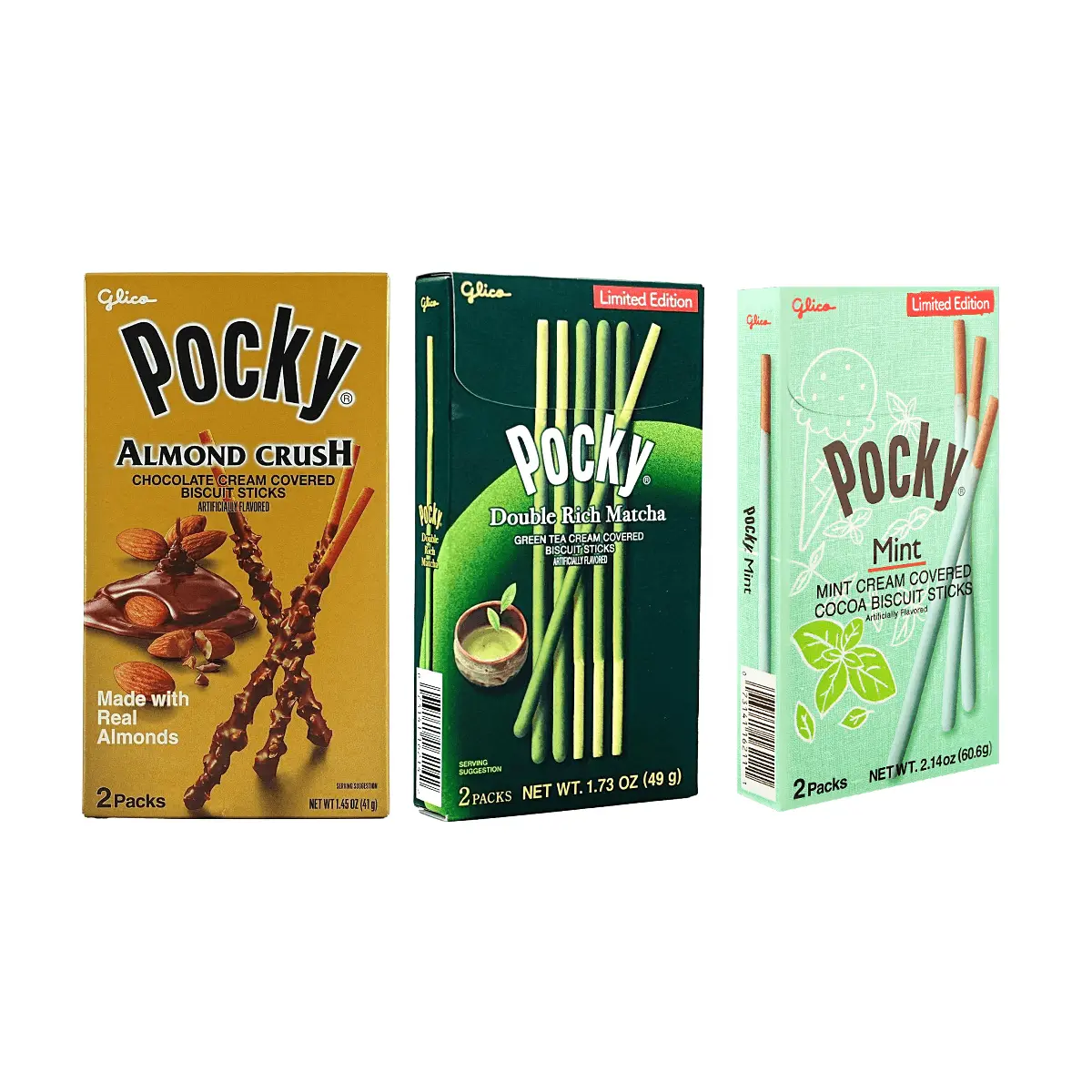 Glico Pocky 3 Flavors Combo Pack: Almond Chocolate, Double Matcha, Mint Chocolate - 150.6g
