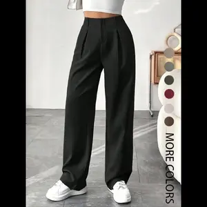 Women's Solid Color Plicated Pocket Wide Leg Pants, Elegant Aesthetic Flattering Zipper Fly High Waist Trousers for Work Office Business, Ladies Spring & Fall Business Attire Clothes