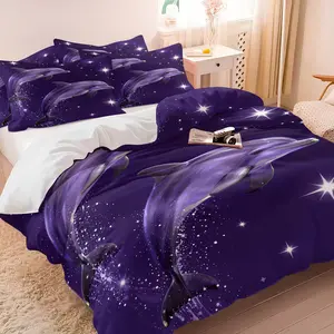 2/3Pcs Set Dreamy Purple Dolphin Print Duvet Cover Set, Luxury Purple Ocean-Themed Bedding Set, Comfortable Style Suitable For All Seasons, Ocean Lover Bedroom Decoration