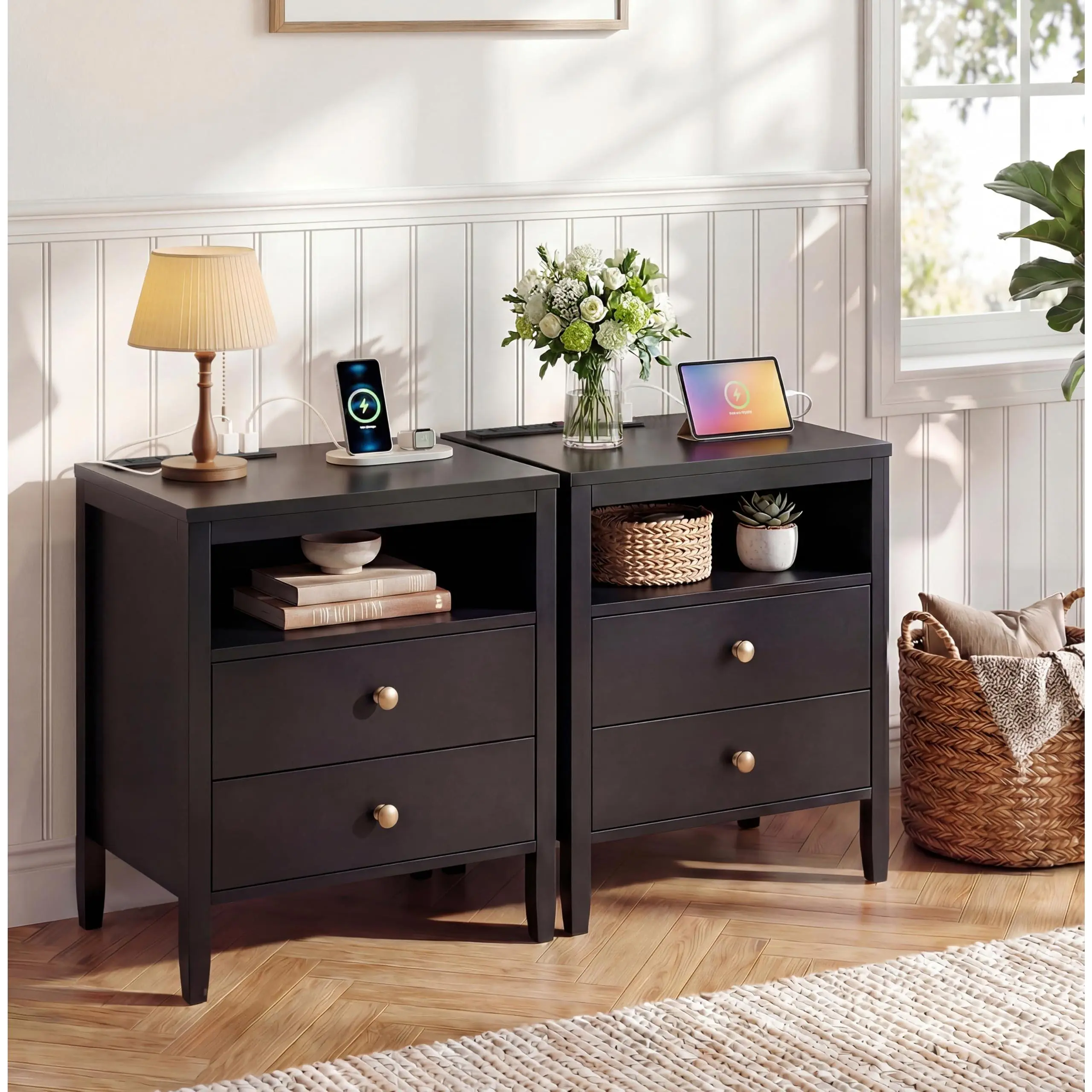 Farmhouse Nightstand Set of 2, Night Stand with Charger Station, Wood Night Stand with 2 Drawers & Open Shelf, Mid Century Modern Nightstand, Black Nightstand for Bedroom, Office, Living Room
