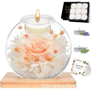Preserved Rose Flowers in Glass Candle Decor – Eternal Love Gift for Women, Birthday Flowers Delivery Set, Champagne( Vanilla, Rose )