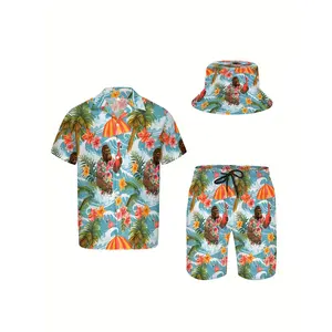 Men's 3-piece retro beach suit: Hawaiian sportswear set with a gorilla and flamingo surfing motif, including a shirt, beach shorts, and fisherman's hat
