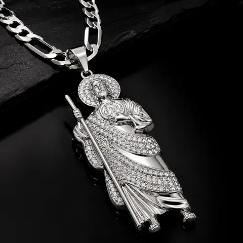 XXL San Judas Iced Pendant Necklace - Fine Silver Plated, 4MM Flat Figaro Flat Chain, 24in Bold Unisex Everyday Wear Chain Jewelry, Cuban Link Decorative Accessory