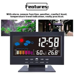 SNZ LED Digital Alarm Clock - Modern Home Decor Clock with Snooze, Calendar, Thermometer, Hygrometer, Weather Display, Purple Icon - Home Supply, Digital Clock