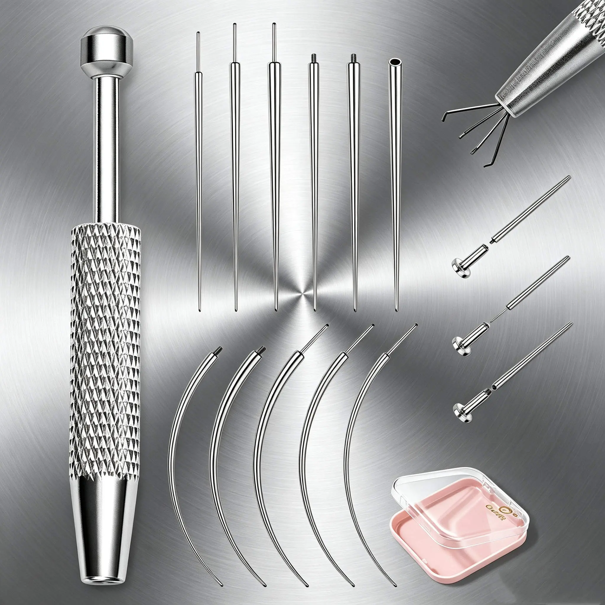 OUFER Basic 12PCS Stainless Steel Body Jewelry Tool Set with Multiple Gauges (16G/18G/20G Insert Tapers, Curved Taper), Ball Holder Grabber for Piercings