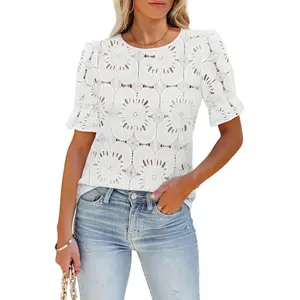 Women's Eyelet Tops Puff Short Sleeve Blouses Dressy Casual Cute Hollow Out Crochet Lace Embroidered Summer Shirts