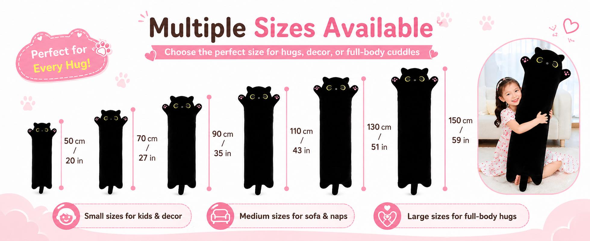 CHUBBYJOY Long Black Cat Plush Body Pillow, 20" 27" 35" 43" Soft Stuffed Cat Pillow with Raised Paws and Long Tail, Kawaii Cat Hugging Cushion for Kids Teens Adults