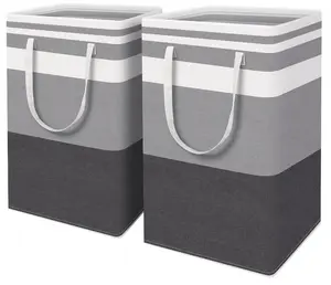 Grey Striped Laundry Hamper 2/3 Pack, Collapsible Large Capacity Clothes Basket with Handles, Waterproof Freestanding Fabric Storage Bin for Bedroom, Bathroom, Dorm, Dirty Clothes & Toys Organizer, Space-Saving Foldable Design
