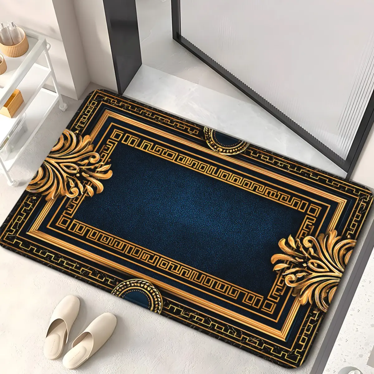 1pc of a Golden Frame Patterned Doormat, 700Gsm, Non-Slip Bathroom Floor Mat, Microfiber Absorbent, Machine Washable Polyester Rug Suitable for Bedroom, Living Room Entrance, Camping, Picnic Rugs, Outdoor Mat, And Outdoor Rug
