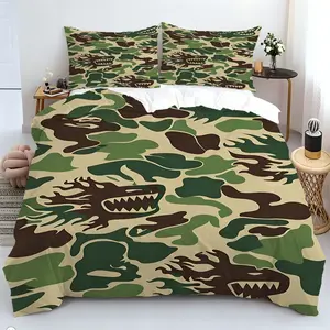 2/3Pcs Camouflage Shark Mouth Print Duvet Cover Set, Suitable for Boys, Teenagers, and Adults; Suitable for All Seasons, This Green Ocean Camouflage Bedding Set Also Serves As A Home Decor Element.