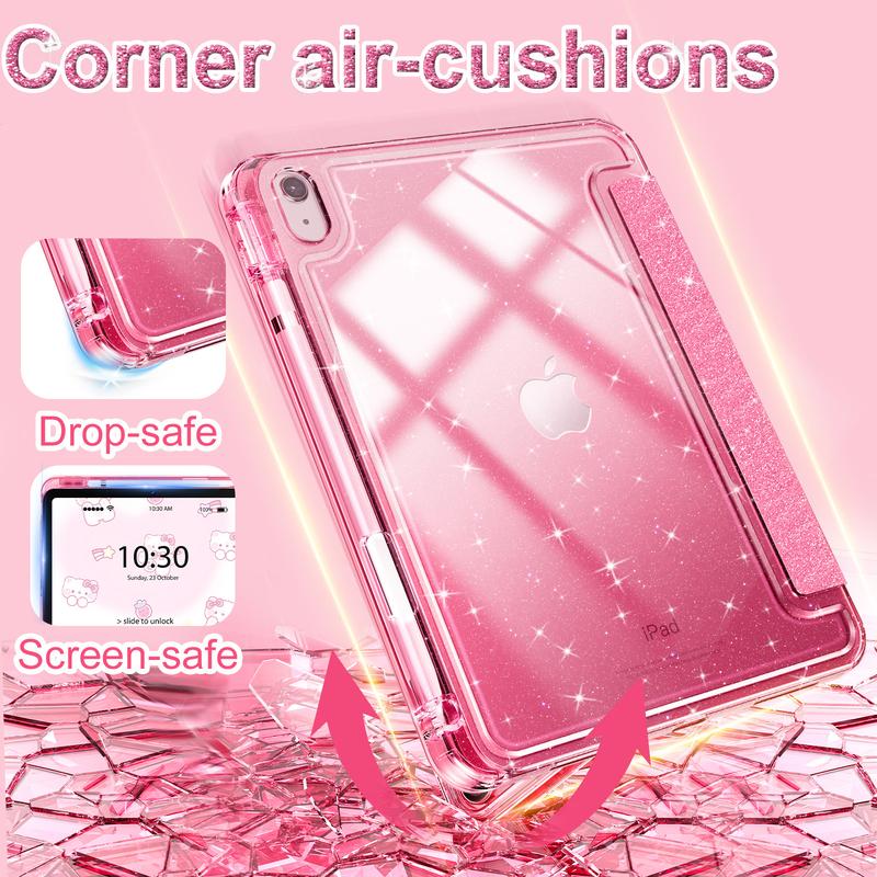 INFILAND Compatible with iPad Case, Glitter Cover with Sparkly Clear Back, Pencil Holder, for Kids Girls Computer Tablet Casing Protection Protective