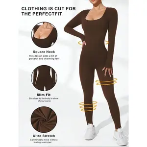 Women's Plain Square Neck Sports Jumpsuit, Sporty Long Sleeve Skinny Jumpsuit for Spring & Fall, Ladies Sportswear for Indoor Outdoor Wear, Sportswear Jumpsuits