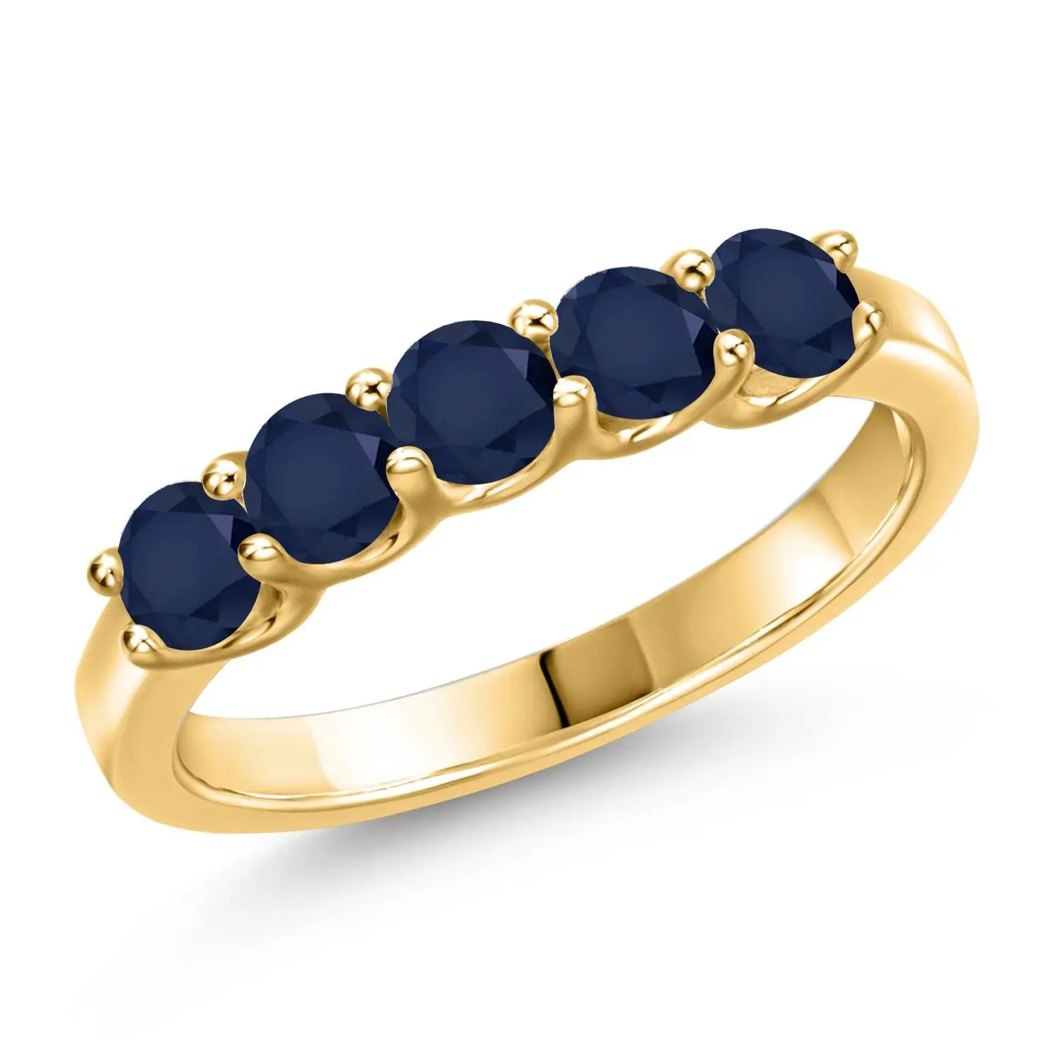 Gem Stone King 18K Yellow Gold Plated Silver Blue Sapphire Wedding-Bands Ring For Women | 1.10 Cttw | Round 3.5MM | Gemstone September Birthstone