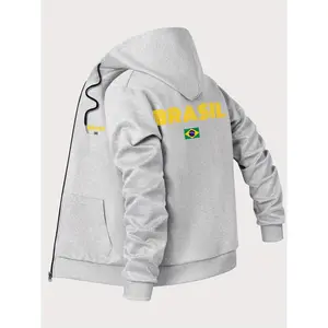 Bmuvlss Men's Brazilian Flag & BRASIL Print Hooded Jacket - Slim-Fit Zippered Full-Zip Coat with Pockets, Machine Washable Winter Warmth, Green & Golden Brazil Colors for Casual & Formal Outfits, Portuguese Lettering Design, Autumn/Winter Outerwear, Styli