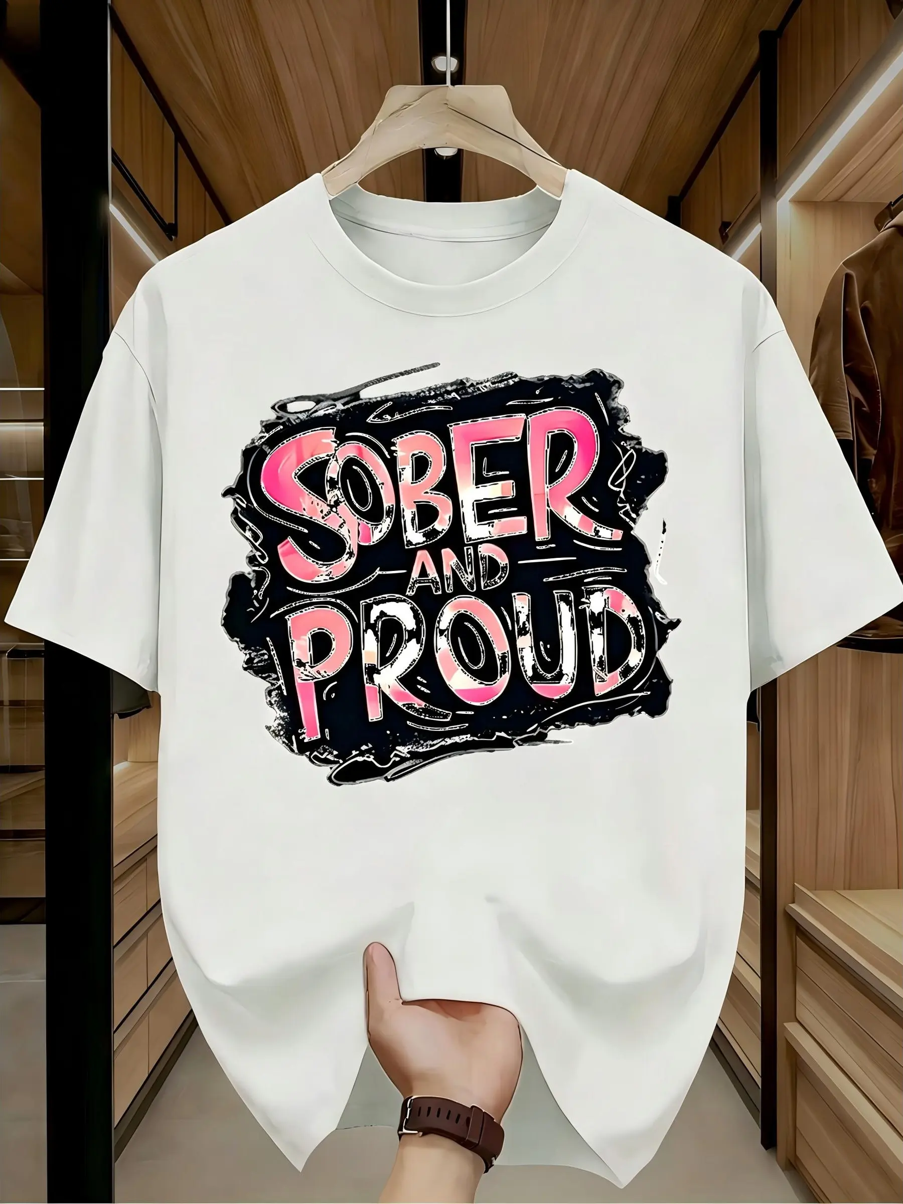 Streetwear Graffiti Print T-Shirt, Unisex Soft Cotton Shortsleeve Top, Breathable 'Sober And Proud' Recovery Graphic Tee, Classic, Tshirt, Fabric, Menswear