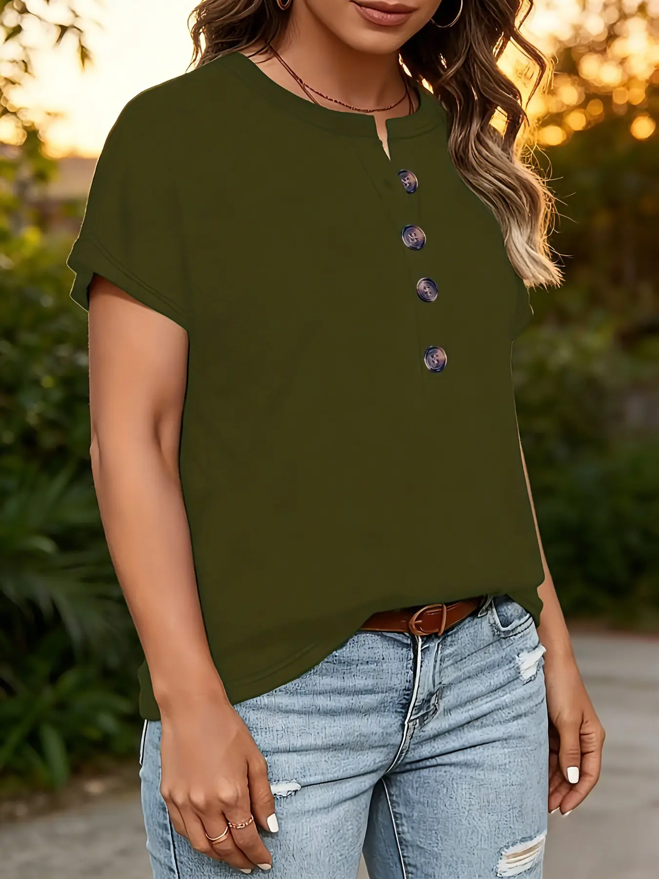 Plus Size Multicolor Round Neck Half Button Short Sleeve T-Shirt, Loose Fit Casual Daily Wear Top, European Style Streetwear Comfortable Tee, Women, Everyday, Basic